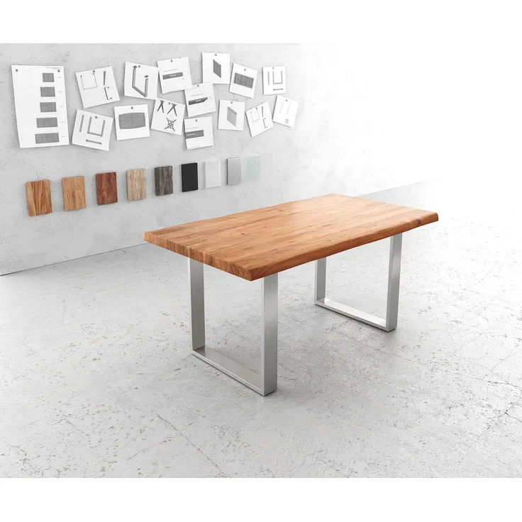 Esstisch Edge 160x90cm XL Akazie Natur Edelstahl schmal Live-Edge