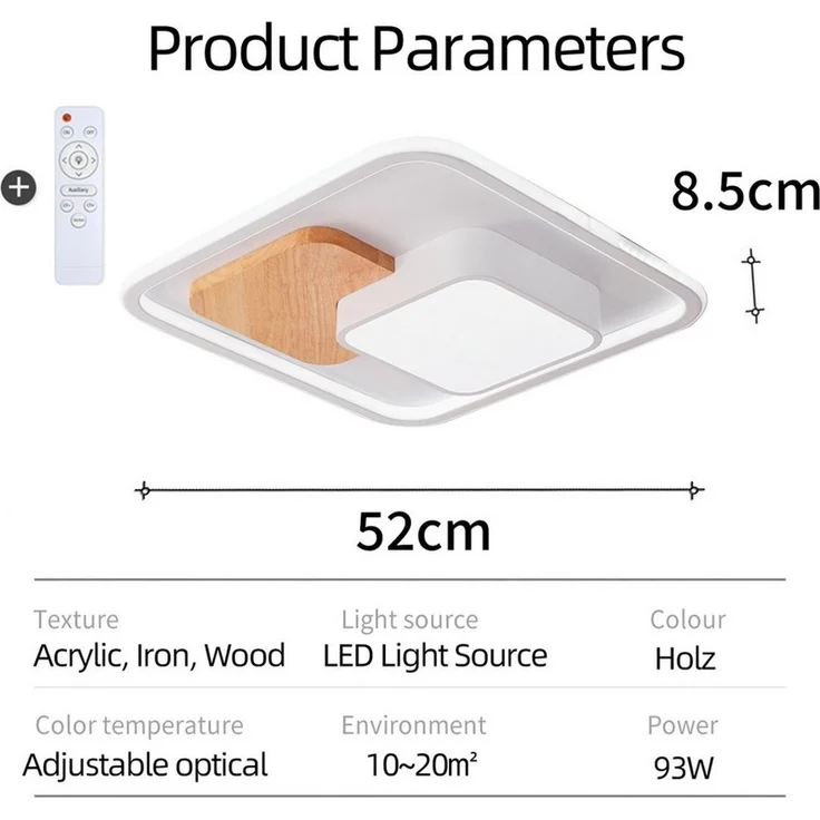 style home Deckenleuchte LED Deckenlampe, voll dimmbar mit Fernbedienung 3000-6000K, 93W, Holz Lampe für Wohnzimmer Schlafzimmer Büro, 52 x 52 x 8,5 cm – Bild 3