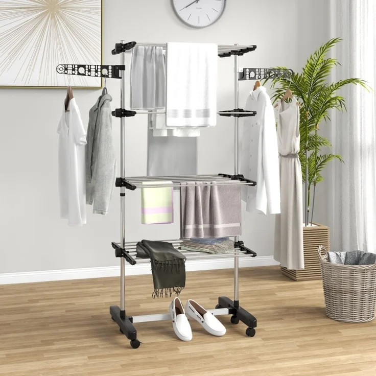 Faumrta Wäschenständer Wäschetrockner 5 Ebenen, klappbar, One-Klick-System, 142 cm x 55 cm x1 72 cm, Schwarz + Silber142CM*55CM*172CMSchwarzStainless Steel – Bild 2