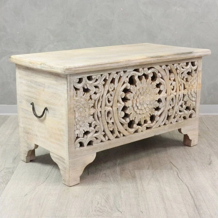 Oriental Galerie Truhe Indische Truhe Schnitzerei weiß 80cm, Holztruhe, Couchtisch mit Fach, Truhentisch Wohnzimmer Holz – Bild 4