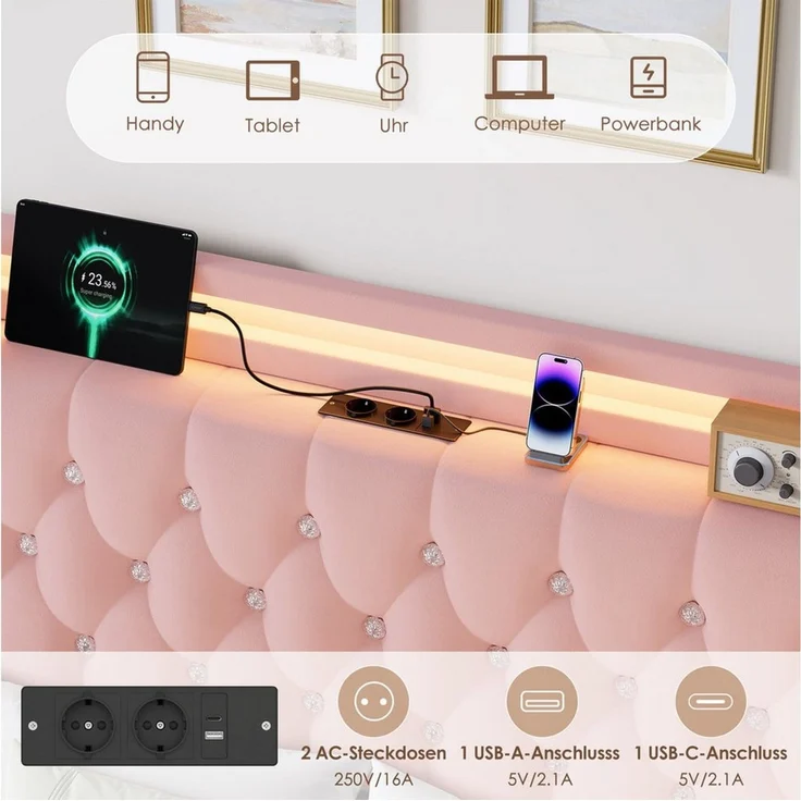 Homfa Polsterbett Doppelbett 140x200 Stauraumbett, mit Ladefunktion und 4 Schubladen, LED-Beleuchtung, Samt Rosa – Bild 4