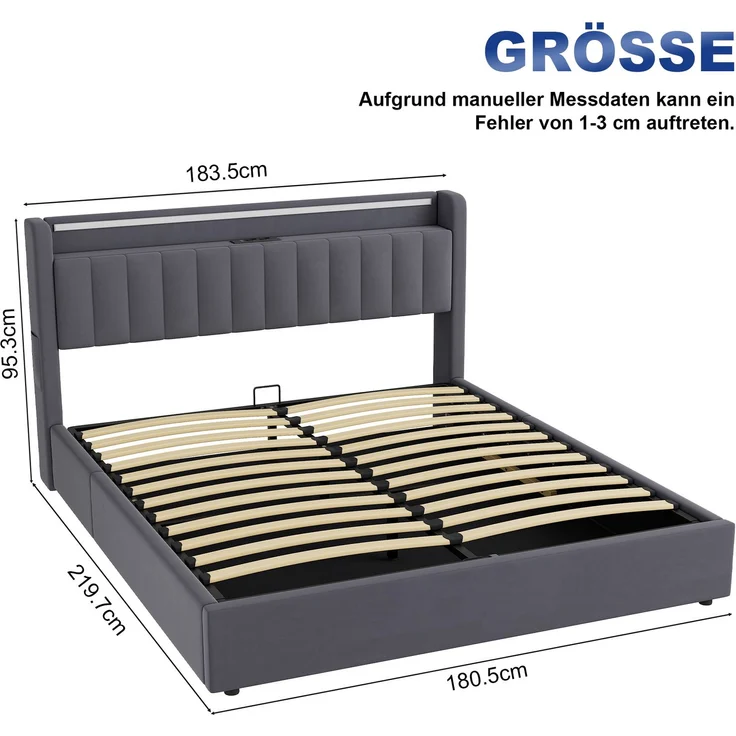 Polsterbett 180 x 200 cm aus Samt mit integriertem Stauraum, USB-Anschluss und LED-Beleuchtung, Dunkelgrau – Bild 5