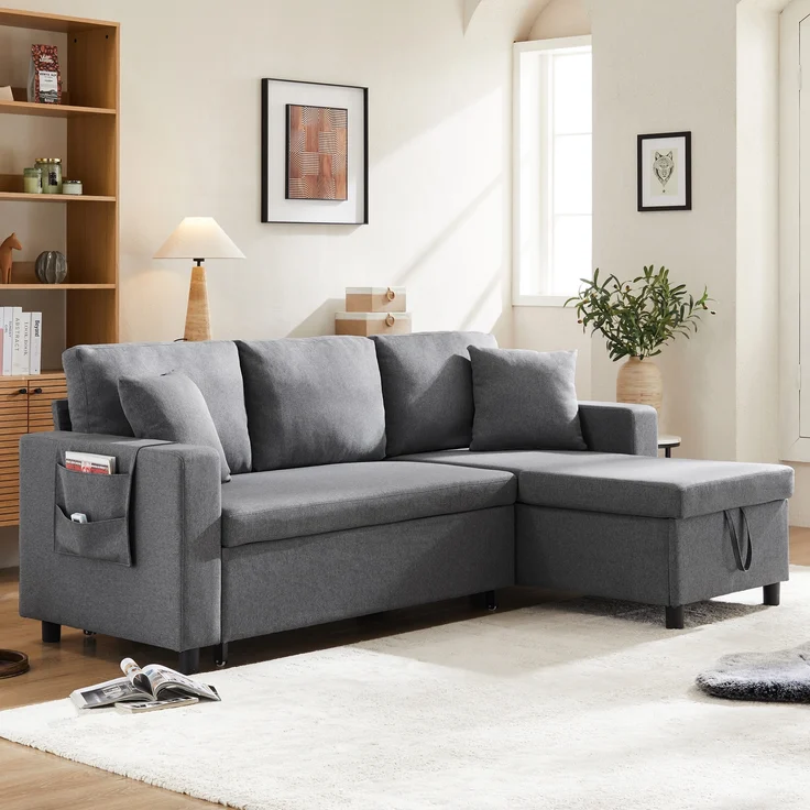 Multifunktions Sofa mit verstellbarer Chaiselongue & Staufach, Leinen, 219,5x142,5x83 cm, Dunkelgrau – Bild 5