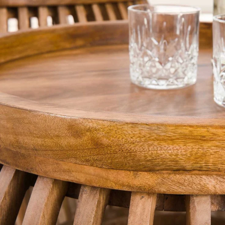 Couchtisch 2er-Set Mangoholz massiv, modernes Lamellen Design, rund in Braun, montiert geliefert – Bild 6