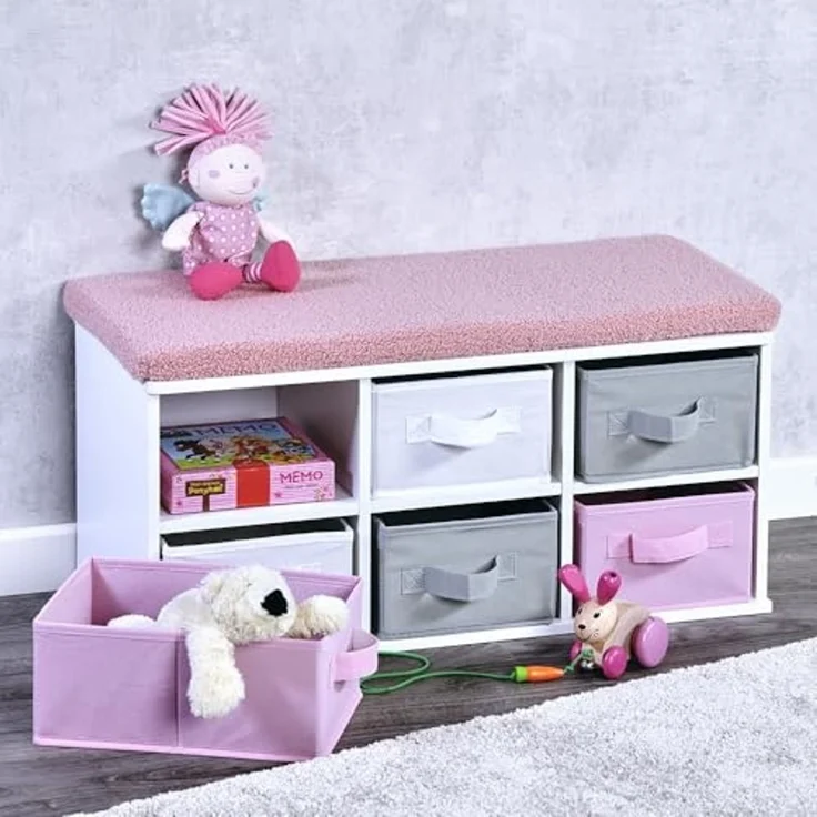 Kesper | Kinder-Sitzbank mit Sitzkissen, Material: FSC-zertifizierte Faserplatte, Maße: 68x29,5 cm, H: 33cm, Farbe: weiß, grau, rosa | 17739 13 – Bild 2