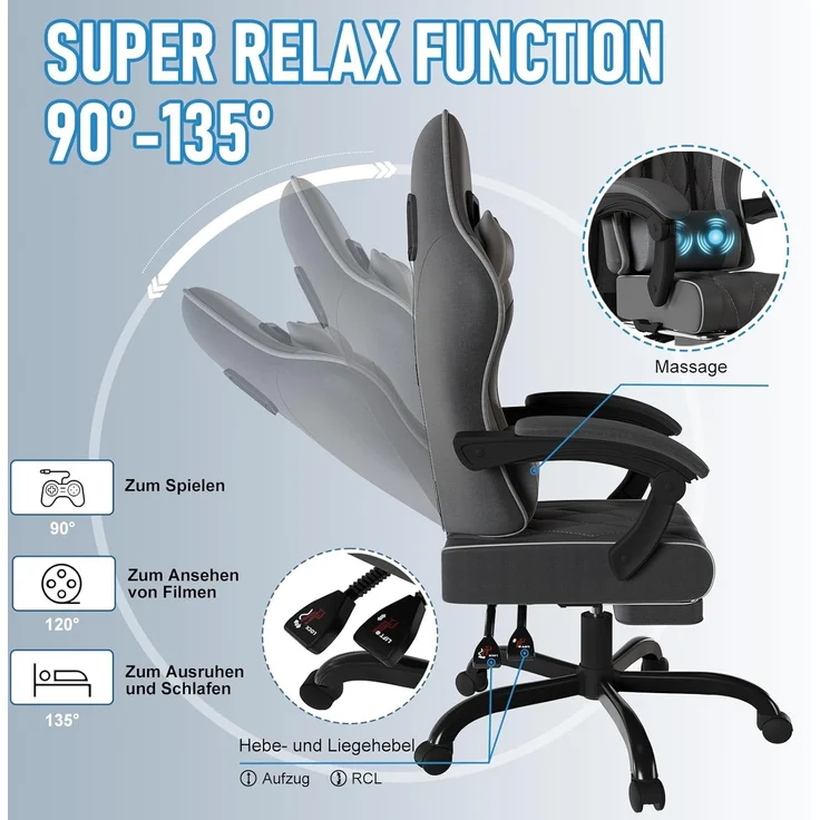 JUMMICO Gaming Stuhl Stoff mit Federpolsterung, Ergonomischer Bürostuhl mit Massager. Gaming Chair mit Kopfstütze, Fußstütze, Höhenverstellbar. Gamer Stuhl 150 kg belastbarkeit. Dunkelgrau – Bild 5