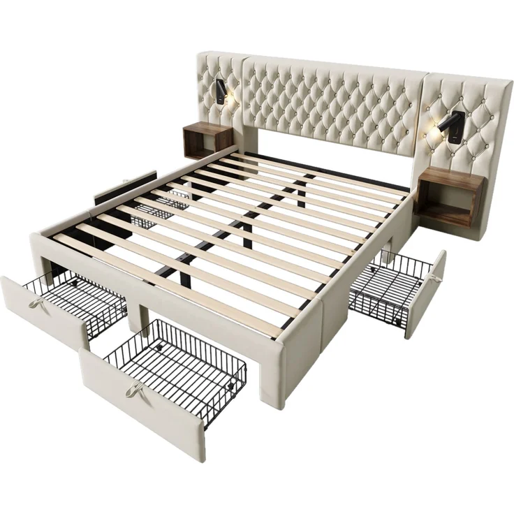 Bettanlage 180x200 cm mit 2 Nachttischen, 4 Schubladen, Leselampen und USB-/Type-C-Ladestation – Beige – Bild 5