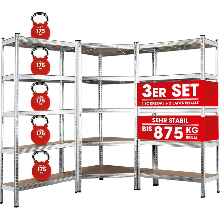 EASYmaxx Schwerlastregal 180 x 90 x 40 cm | Eckregal & 2 Lagerregal | 2625 kg Traglast, 175 kg pro Ebene | Regal und Werkbank | Kellerregal, Lagerregal mit 15 verstellbaren Ablagen