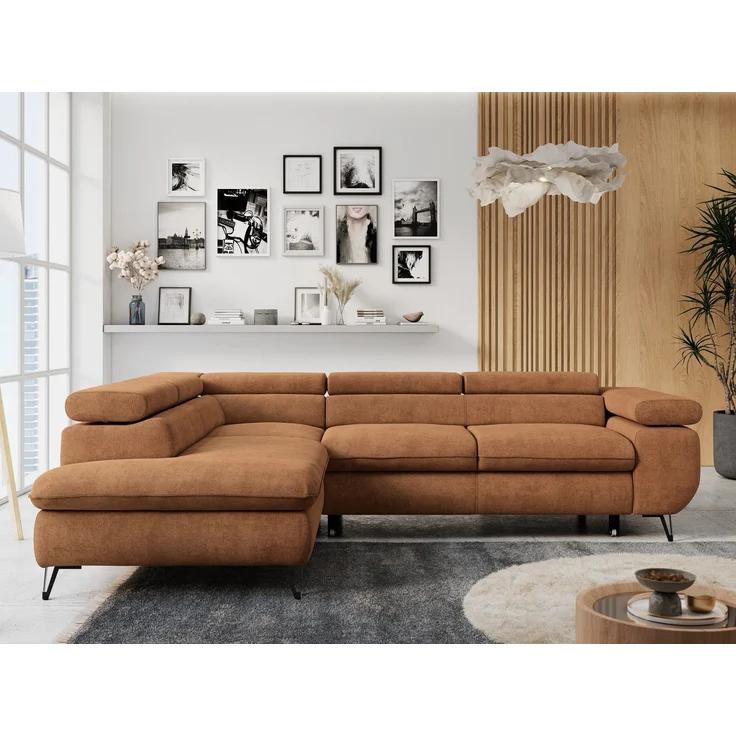 Mks Möbel 'Peter L-form' Ecksofa mit Bettfunktion, Bettkasten & einstellbaren Kopfstützen, Orange, Stoff, mit Topper, links – Bild 4