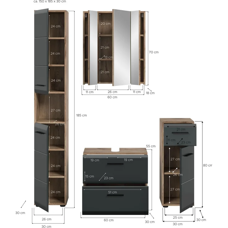 Badkombination (B/H/T: 150x185x30 cm) in schwarz matt und Nox Oak Nachbildung – Bild 4