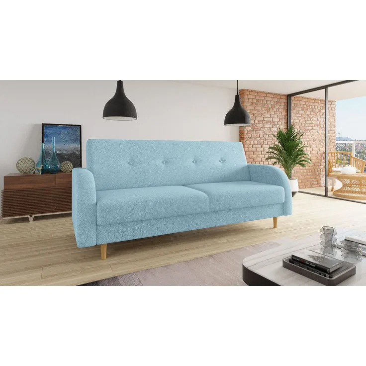 Schlafsofa Kelso - Sofa mit Bettkasten und Schlaffunktion, Bettsofa, Schlafcouch mit Holzfüße (Blau (Twist 17))