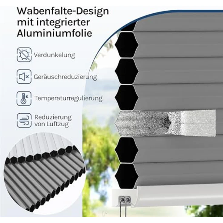 WOLTU Wabenplissee ohne Bohren Verdunklung Thermo Doppelplissee Klemmfix Zweifarbig 105x120 cm Dunkelgrau-weiß, Plissee Faltrollo Sonnen-, Sicht- & Schallschutz, Jalousie Plisseerollo für Fenster & Tür – Bild 6
