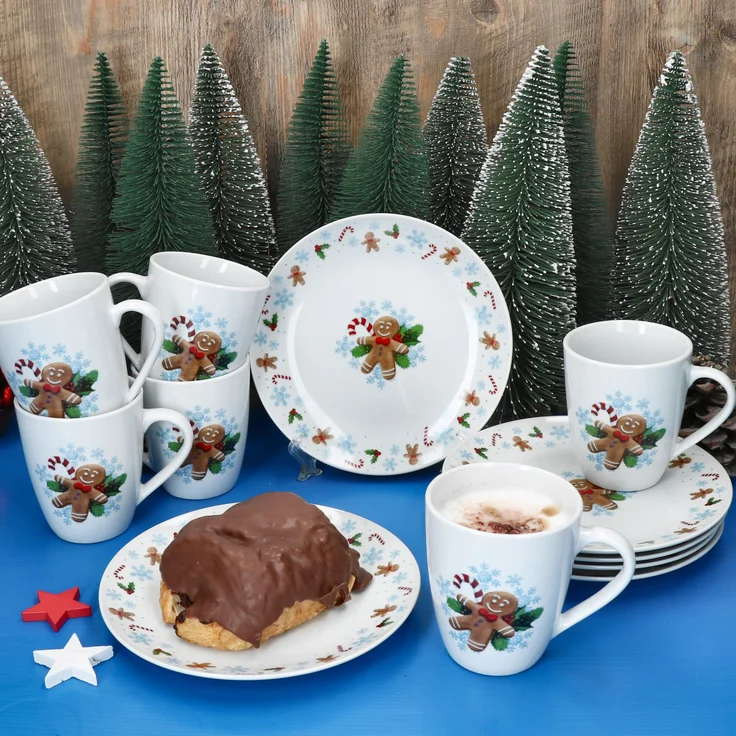 Candyman 12tlg Frühstücksset Porzellan 6 Pers. Teller Becher Weihnachten blau – Bild 3