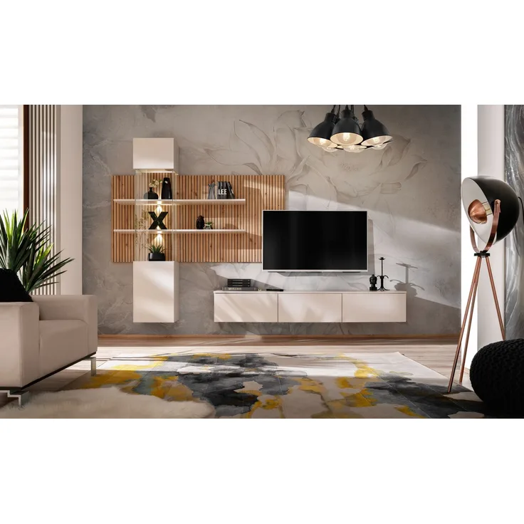 Wohnwand Gusto Lux B in Kaschmir und Artrisan mit Streifenaufdrück Wandpaneel 280 x 180 x 45