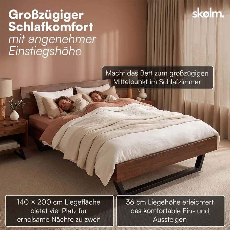 skølm 'Alver' Bett 140x200 cm, Bettgestell, natur geölt, Massivholzbett aus Eiche mit Metallkufen, Walnuss Optik, Bettkopf 2 Streben – Bild 6