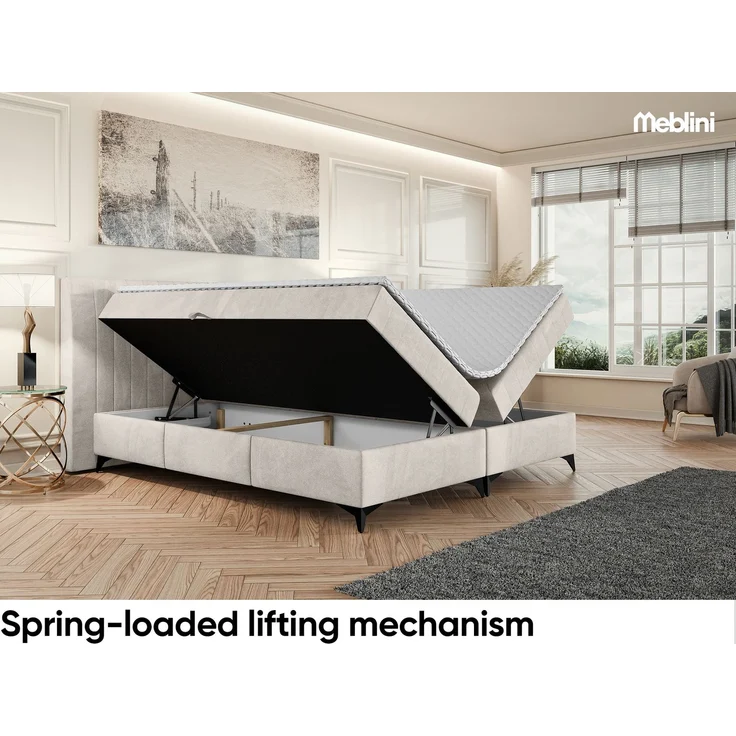 MEBLINI Boxspringbett NANI 140x200cm - H3P/Beige Samt - mit Bettkasten - Polsterbett - Doppelbett mit Topper & Taschenfederkern-Matratze – Bild 3