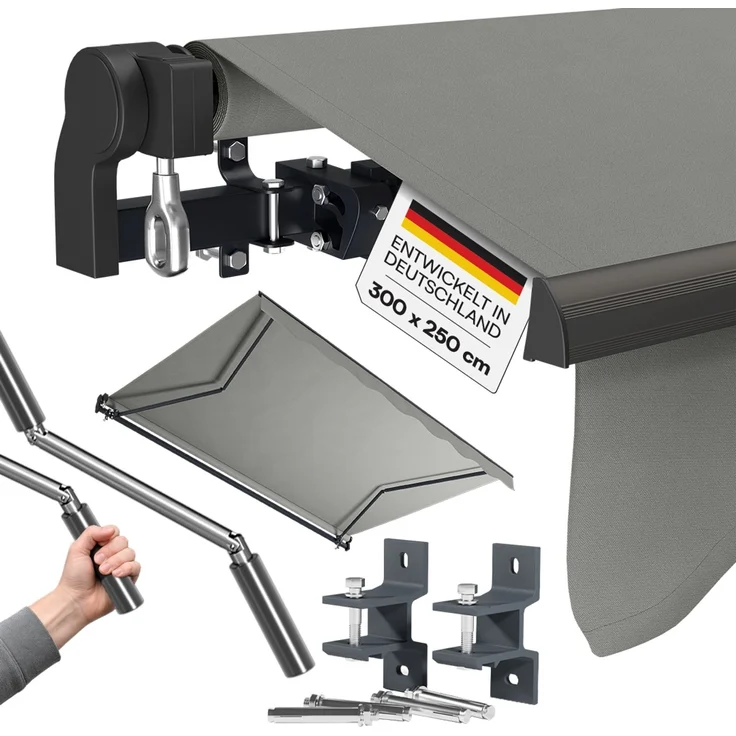 STEELSØN 'Kestria' Gelenkarmmarkise 300x250 cm, grau, wetterfest und blickdicht, Markise mit Aluminium-Kassette und Wandhalterung, Balkonmarkise mit Handkurbel – Bild 1