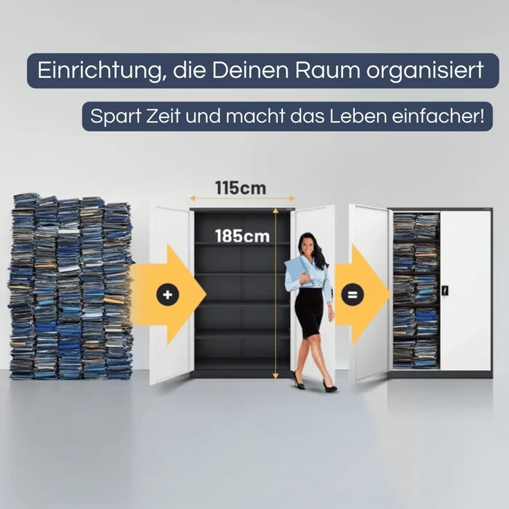 Aktenschrank abschließbar KADO - 5 Ebenen verstellbar, Flügeltüren | Metallschrank Werkstatt Mehrzweckschrank Büroschrank aus Stahl Werkzeugschrank, 185x115x40cm Anthrazit-Weiß – Bild 3