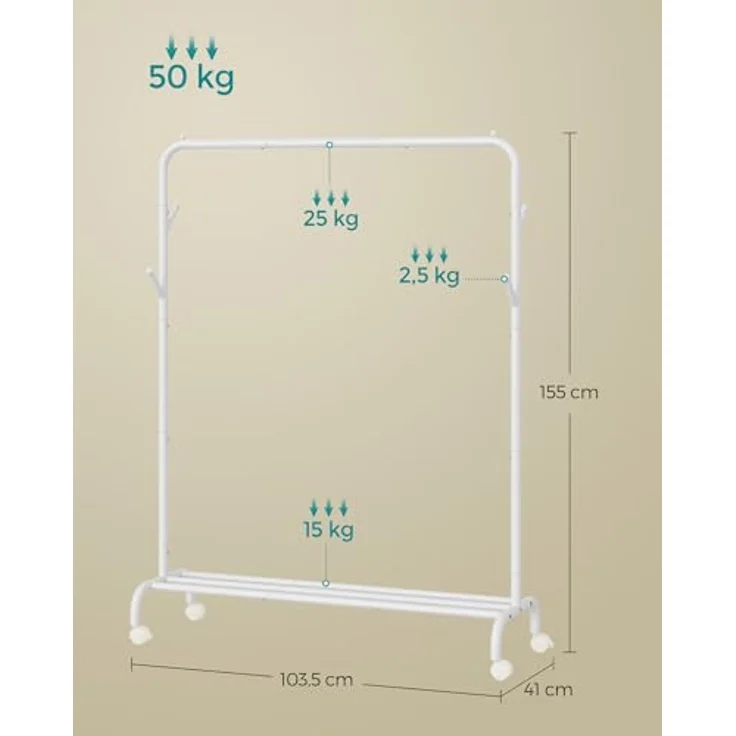SONGMICS Kleiderständer auf Rollen, Kleiderstange, Garderobenstange, Garderobenständer aus Stahlrohren, bis 50 kg belastbar, 103,5 cm breit, multifunktionale Aufbewahrung, weiß HSR131W01 – Bild 8