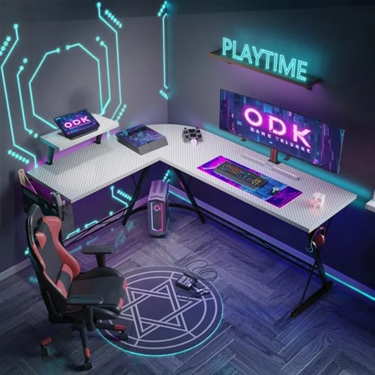ODK Gaming Tisch, Computertisch, Gaming Schreibtisch mit runder Ecke, Gaming-Tisch mit Monitorablage (Kohlefaser Weiß, 167x120 cm) – Bild 5