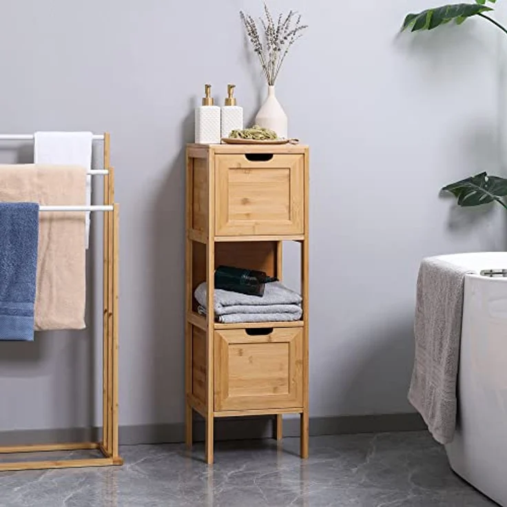 kleankin Badezimmerschrank Badschrank Aufbewahrungsschrank mit Kippschutz aus Bambus, Unterschrank mit 2 Schubladen, Lanfhausstil Beistellschrank, Naturholz, 30 x 30 x 90 cm – Bild 3