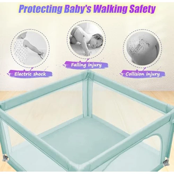 Baby Laufstall, Laufgitter klappbar, Ein-Knopf-Faltung & Sicherheitsschlössern, Krabbelgitter mit Netz & Reißverschluss, Laufgitterzelt für Kleinkinder,120 * 120 * 66cm – dunkelgrün – Bild 5
