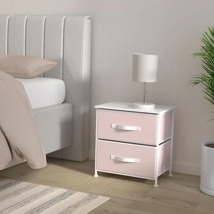 mDesign Nachttisch Kommode Schrank Organizer Stoff Metall MDF Rosa / Weiß – Bild 3