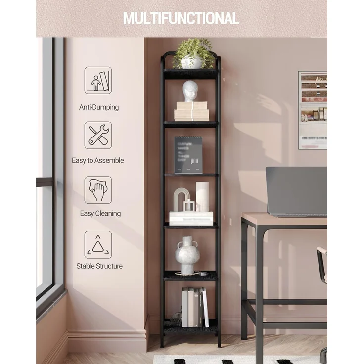 Bücherregal, Regal, Standregal, Schmales Bücherregal, Industrielles Eckregal, Schlankes Regal für Heimbüro, Wohnzimmer, Schlafzimmer, Küche, 6 Ebenen Schwarz – Bild 3