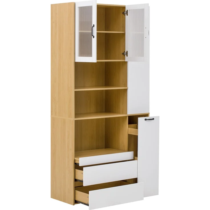 Merax Highboard mit verstellbaren Regalböden und Schubladen, Buffetschrank mit ausziehbaren Regalböden und Riffelglas(Weiß+Natur) – Bild 8