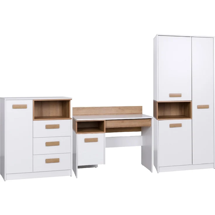 Marmex Möbel Grant Set-J Jugendzimmer-Set 3-teilig mit Kleiderschrank, Kommode mit Schubladen, Schreibtisch, Kinderzimmermöbel mit Schreibtisch, laminierte Spanplatte, Kleiderstange, weiß+riviera Eiche, 186x195x55 cm – Bild 5