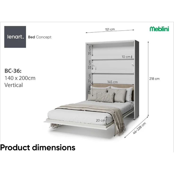 MEBLINI Elektrisches Schrankbett BC-36 - 140x200cm Vertikal - Weiß Matt - Sofa und Kopfteil Beige ohne Matratze - Wandbett mit Lattenrost, Sofa und Kopfteil - Wandklappbett – Bild 3