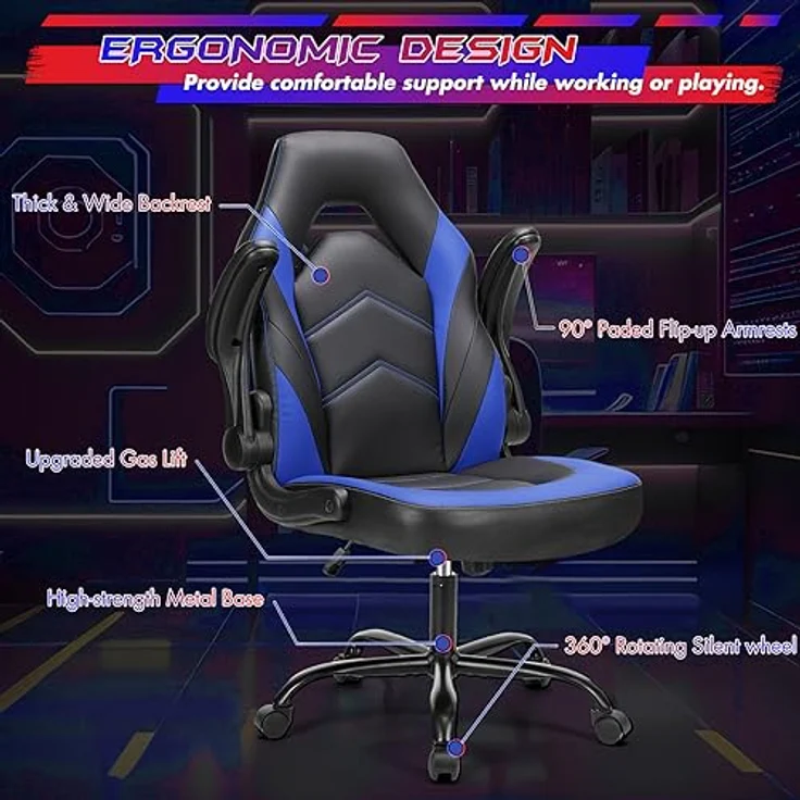 Sweetcrispy Gaming-Stuhl – Computerstuhl Ergonomischer Bürostuhl PU-Leder Schreibtischstuhl Chefsessel Verstellbarer Drehstuhl Arbeitsstuhl mit hochklappbarer Armlehne – Bild 8
