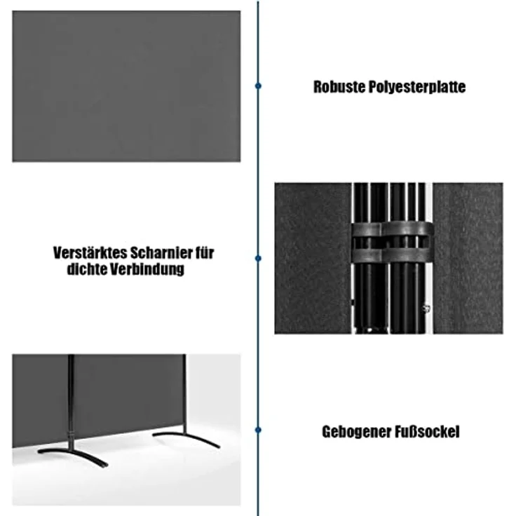 FANTASK 3-Panel Raumteiler, 260x183 cm, faltbar, freistehend, Trennwand Wandschirm mit verstellbaren Untersetzern, Wandteiler aus Metall & Polyester für Zuhause Büro Terrasse (Grau) – Bild 4