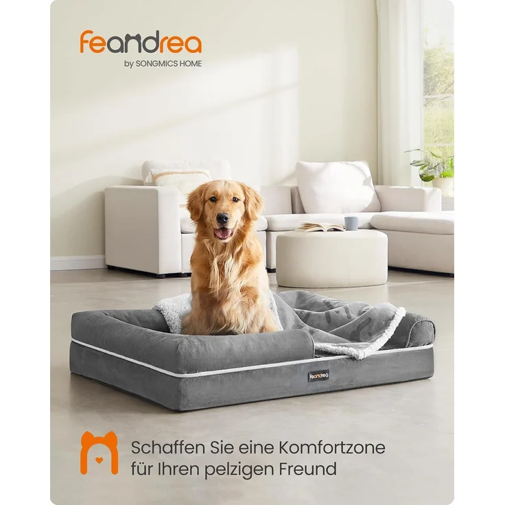 Feandrea Orthopädisches Hundebett, Hundekissen, Hundekorb, weiche Polsterung, Hundesofa, erhöhte Ränder, Bezug abnehmbar und waschbar, 106 x 80 x 20 cm, rutschfeste Unterseite, hellgrau PGW077G02 – Bild 2