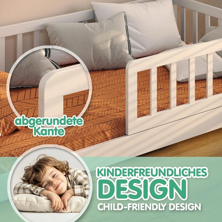 CADANI Malte Hausbett 80x160 cm Bodenbett Weiß, Rausfallschutz abnehmbar, Montessori Kinderbett Umbaubar inkl. Roll-Lattenrost – Bild 6
