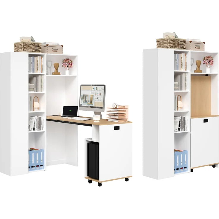 ZUBALIYA Klappbarer Schreibtisch mit Ablagen –2-in-1-Bücherregal und Schreibtisch, klappbar, mit Steckdose und USB-Anschluss, höhenverstellbare Ablagen, Kippschutz, weiß-Schreibtisch,Eck-Schreibtisch –links – Bild 13