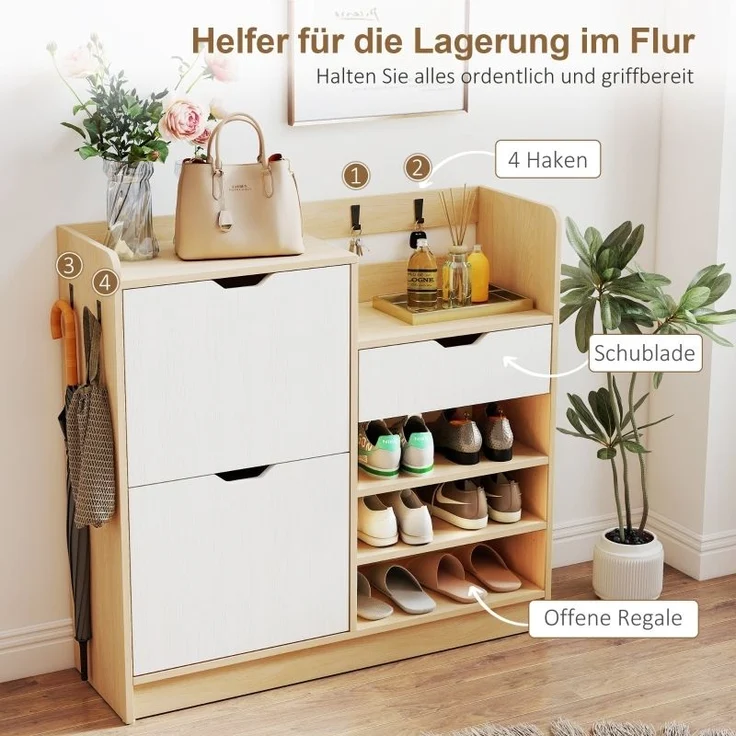 Schuhschrank Mit Umklappbaren Schubladen & Haken - Schuhkipper Modern Mit Holzoptik Und Kippschutz, Bis EU 45 – Bild 5