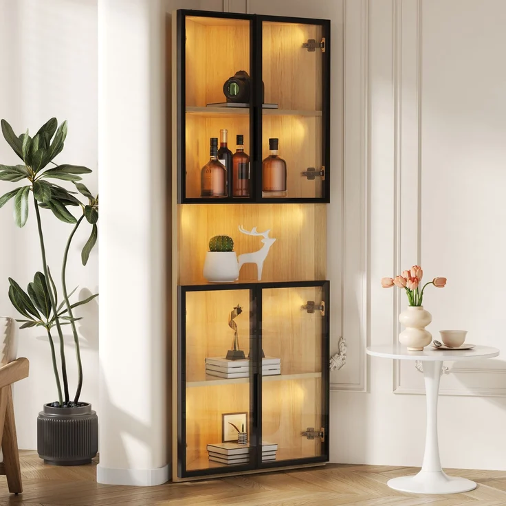 ZUBALIYA LED-Glasvitrine 62x32x160cm – Außenseite aus Eiche, integrierte Lichtleiste, staubdichter Schrank aus gehärtetem Glas, Eckvitrine mit Tür – Sammlungsvitrine, Bücherregal, Weinschrank,Badezimmerschrank – Bild 2