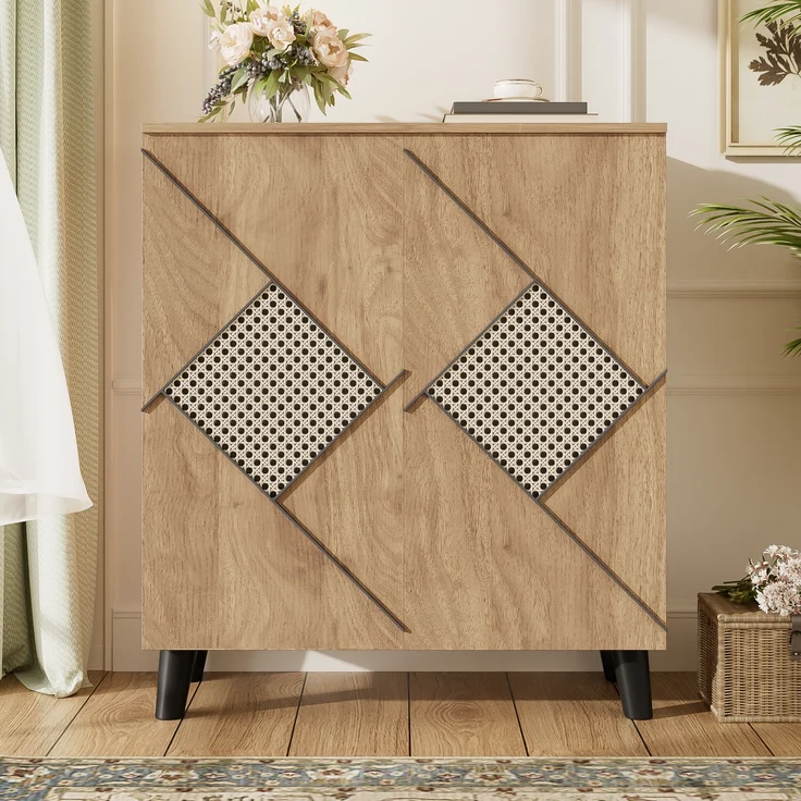 Merax Schuhschrank mit dekorativem Rattanmuster, 80×32×91 cm, stilvoller Flurschrank mit Stauraum, Holzoptik – Bild 3