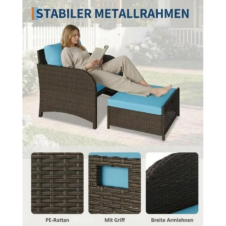 GarveeMore Gartenlounge-Set Terrassenmöbel mit Tisch,5 teilig Rattan Balkonmöbel Kleiner Balkon, Gartenmöbel Set Balkonset 2 Rattansessel mit Hocker,Outdoor Sitzgruppe – Bild 4