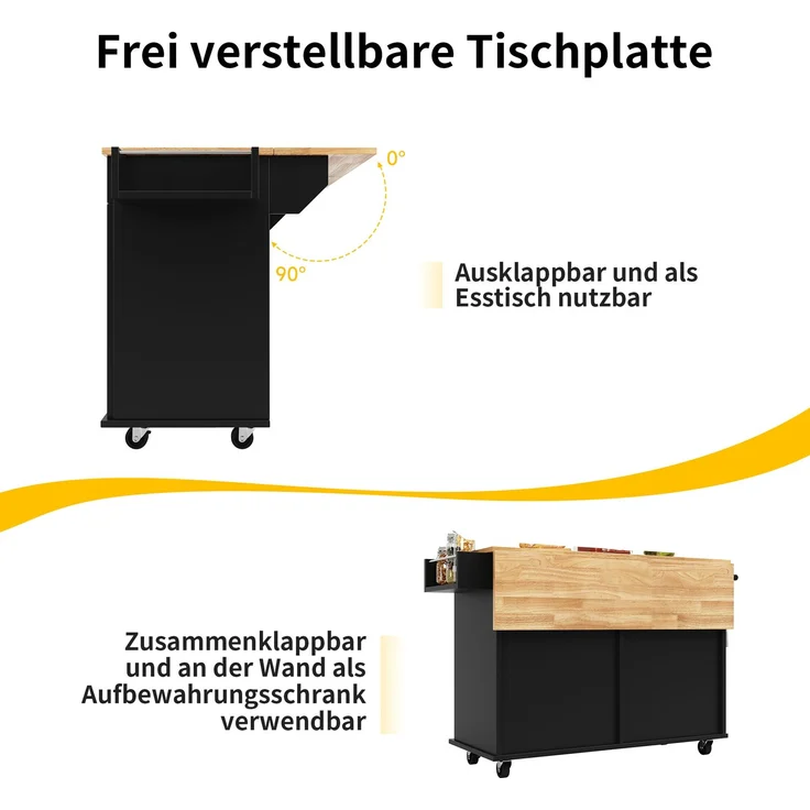Kücheninsel aus MDF mit klappbarer Platte & Stauraum, 106x50x90,5 cm, Schwarz – Bild 6