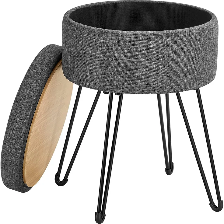 Songmics Sitzhocker, runder Hocker mit Stauraum, Aufbewahrungsbox mit Deckel, 9,4L, Fußablage, Metallbeine, gepolsterter Sitz, für Wohnzimmer, Schlafzimmer, dunkelgrau LOM002G01