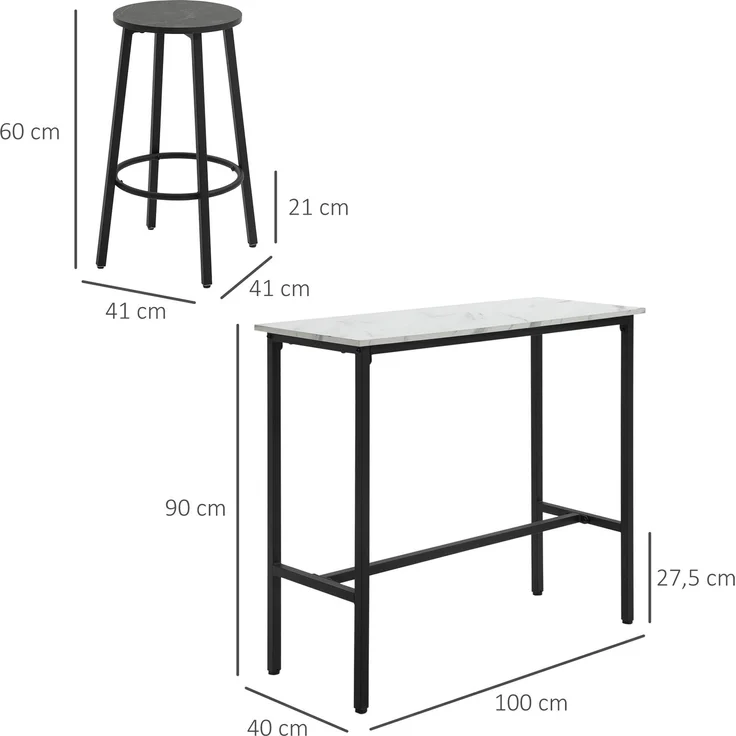 Bartisch mit Barhocker Set, 3-teiliges Bartisch Set, Esstisch mit 2 Barhocker, Essgruppe, Stehtisch, Küchentisch, Stahl, Weiß, Schwarz--Weiß--100x40x90cm--YOUDENOVA – Bild 3