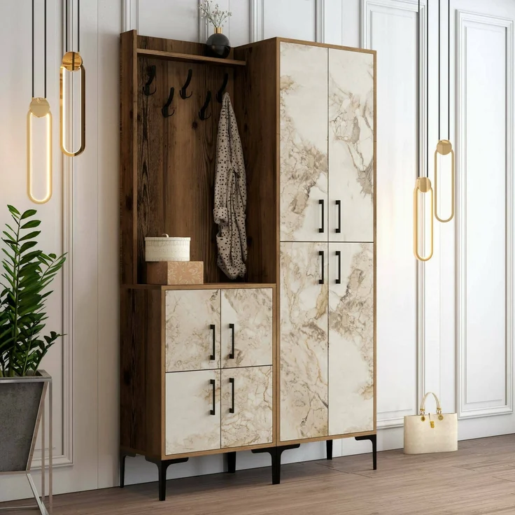 Dmora Eingangsmöbel Eufemia, Moderner Eingang, Wandgarderobe, Multifunktions-Aufbewahrungskonsole, 120x35h200 cm, Nussbaum und Weißer Marmor – Bild 2