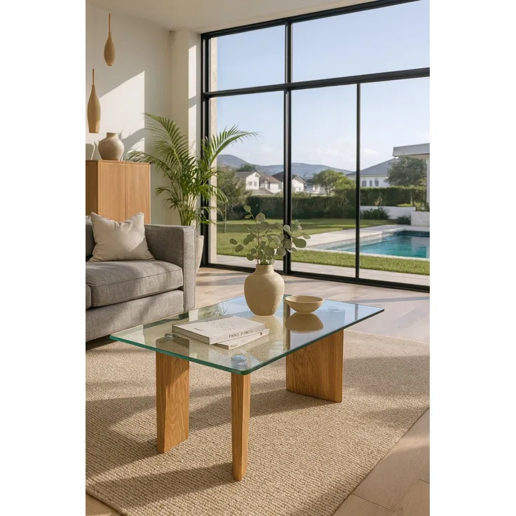 Design-Couchtisch aus massiver Eiche mit Glasplatte, 100 cm – modern & naturfarben geölt