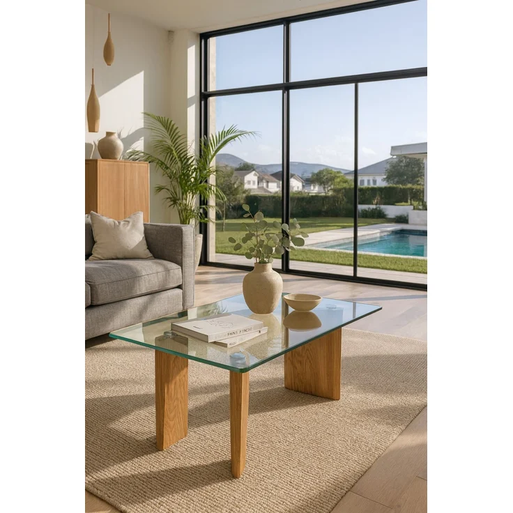 Design-Couchtisch aus massiver Eiche mit Glasplatte, 100 cm – modern & naturfarben geölt – Bild 1