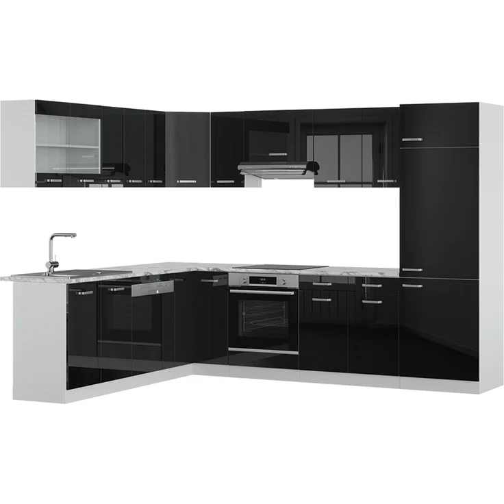 Eckküche R-Line Schwarz Hochglanz/Weiß 287 x 227 cm, AP Marmor Vicco – Bild 1