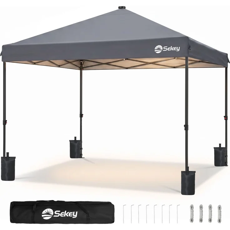 Sekey Pavillon 3x3 wasserdicht stabil Winterfest mit LED Beleuchtung, 3-stufig höhenverstellbar Gartenzelt, Outdoor Pavillon mit UPF 50+ UV-Schutz, 4-stufige Wasserfestigkeit, Grau