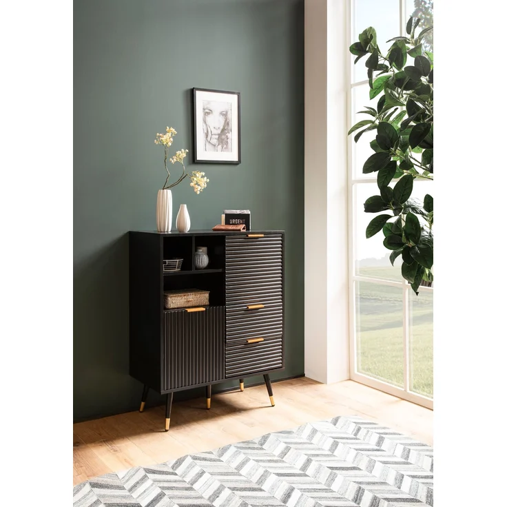FINEBUY Kommode FB103427 (77x97x40 cm Eiche-Optik Schwarz, Kommode Modern), Anrichte, Standschrank mit 2 Türen & Schubladen – Bild 2