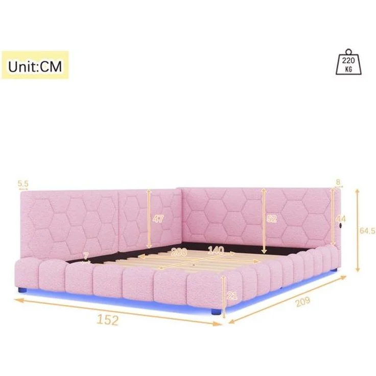 Flieks Polsterbett, LED Doppelbett Daybett Tagesbett Samt 140x200cm mit USB-Anschluss – Bild 4